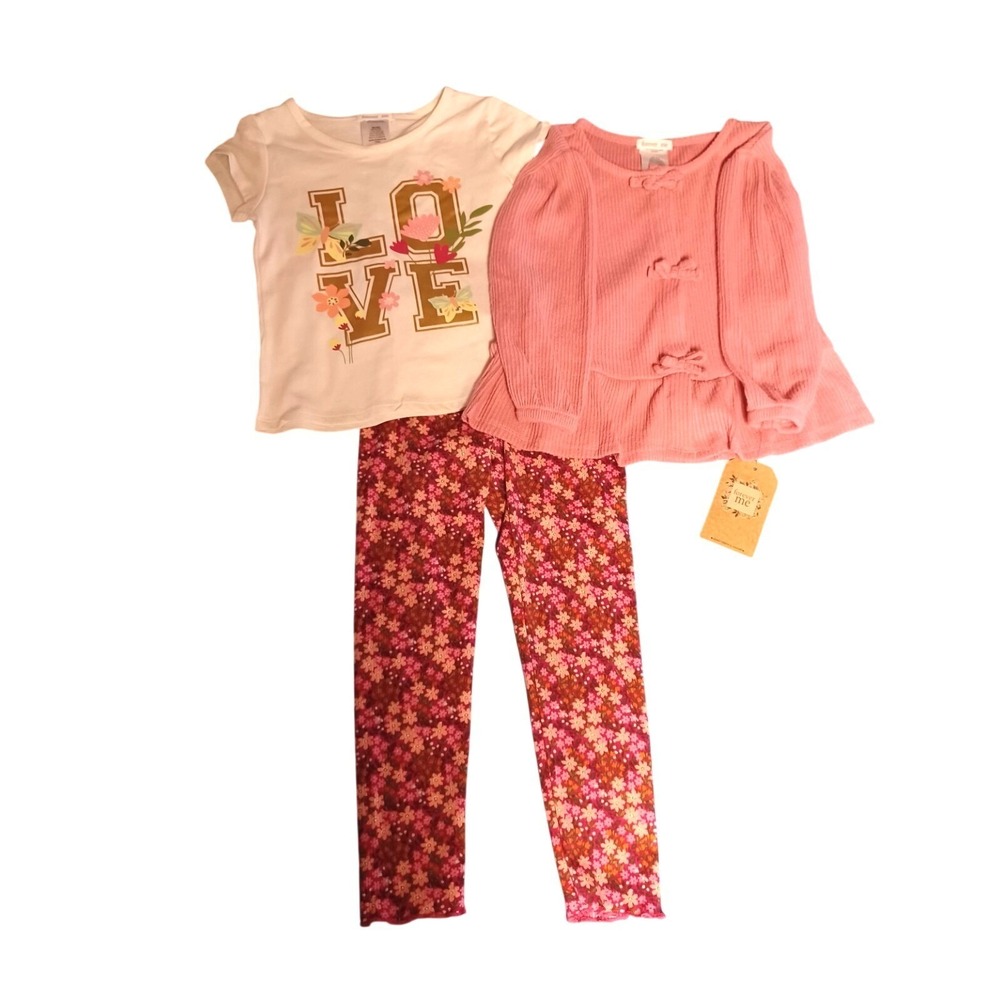 NWT Forever Me 3pc Girls XS (4/5) Pink Floral LOVE Legging, Top & Sweater Set